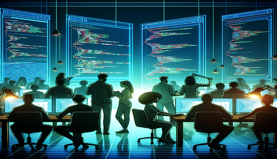 a group of people in front of computers